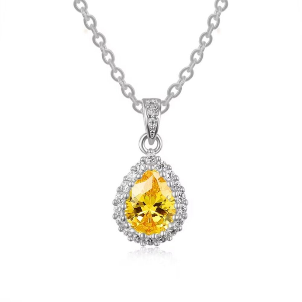 NEW 14k White Gold Yellow Citrine Diamond Necklace Tear Drop Pear Cut Pen… - Picture 3 of 5